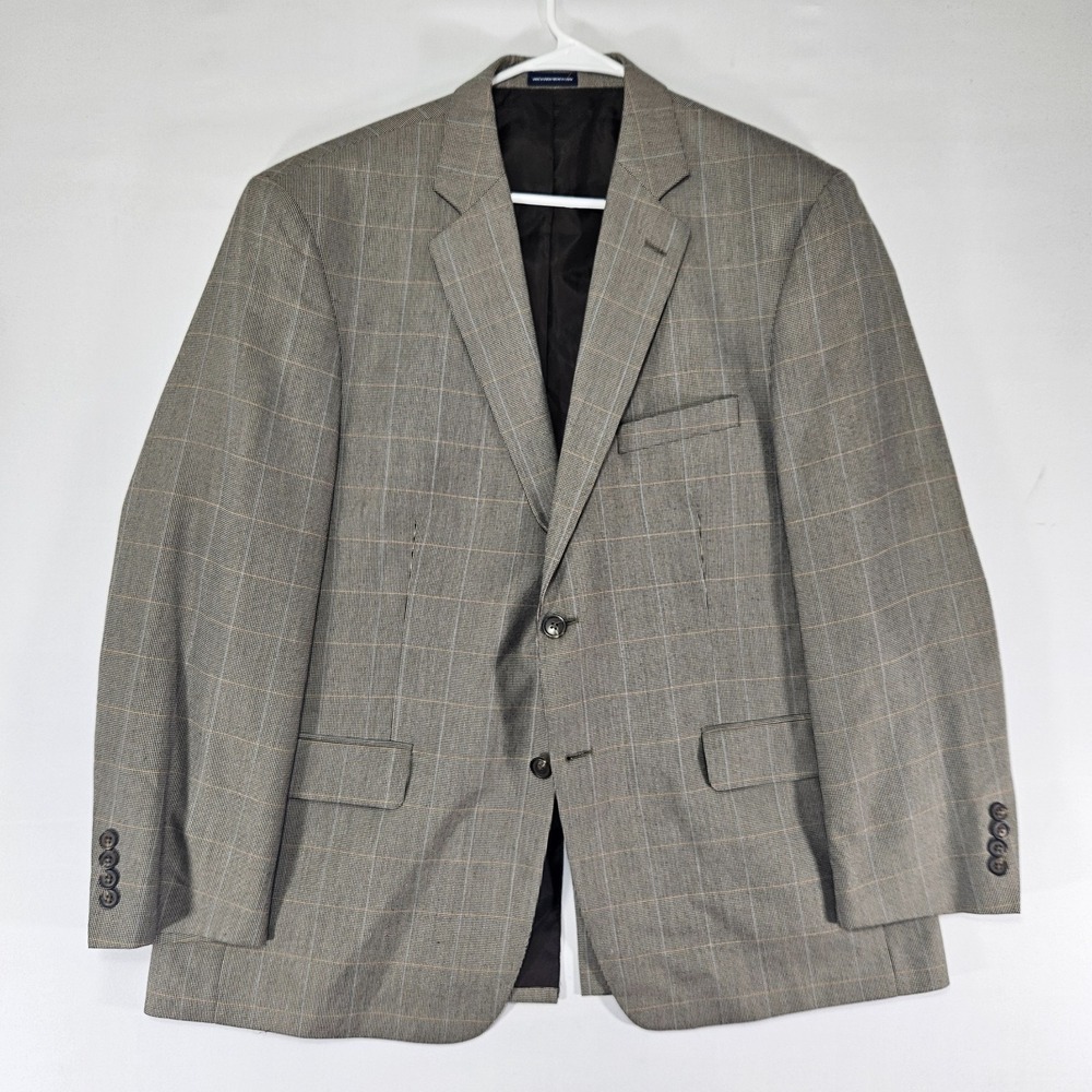 Stafford Essentials Mens Sport Coat Blazer Two Button Brown Plaid Poly Blend 44R